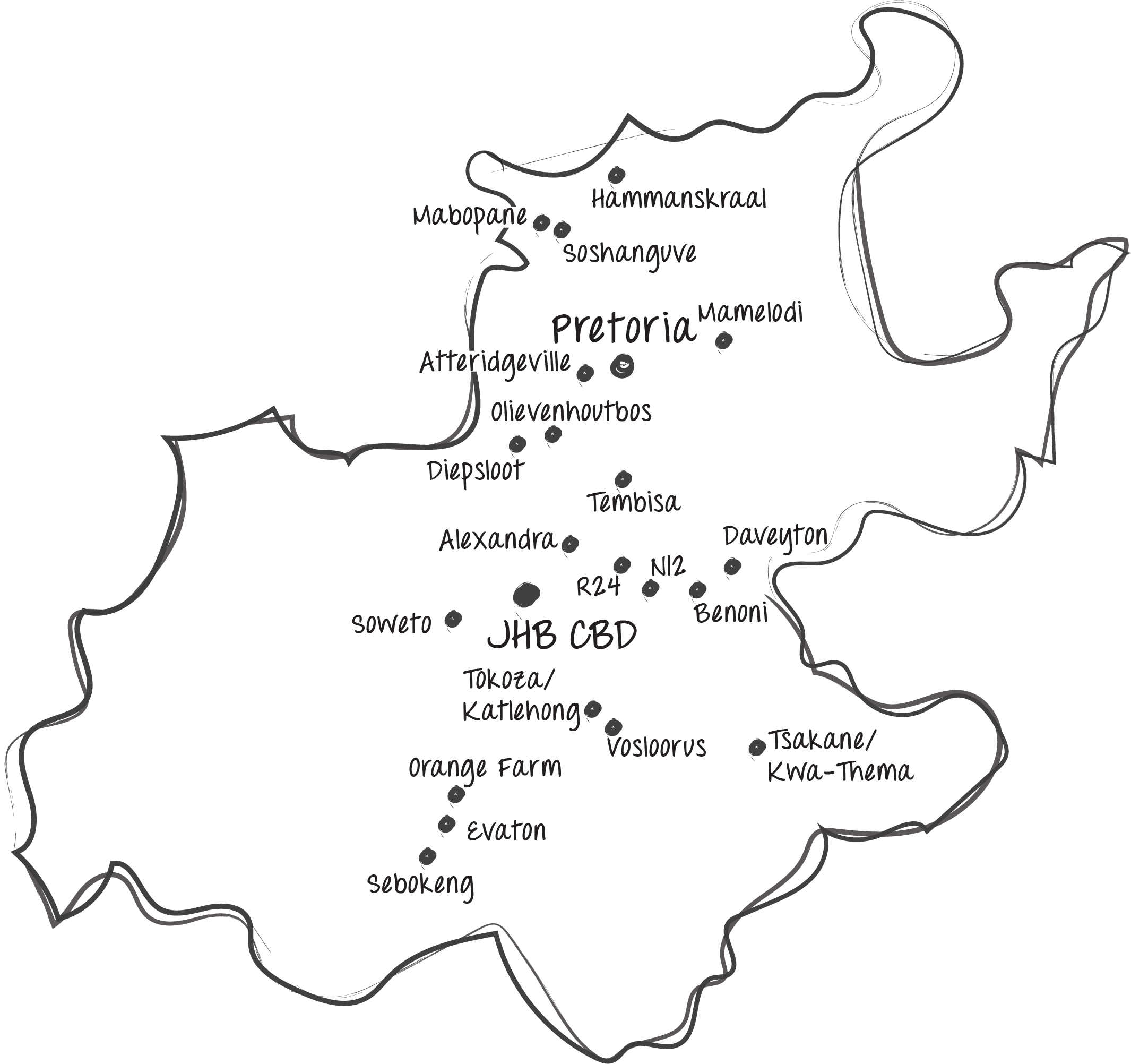Map of Gauteng province. Top townships in Gauteng